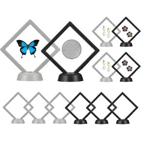 PATIKIL 3D Floating Frame Display Stand, 12 Pack 3.5x3.5 Inch Challenge Coin Display Stand Holder Transparent PE Jewelry Storage Box Floating Display Case with Base, Black&Pink
