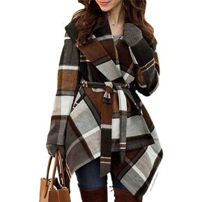 CHICWISH Women's Turn Down Shawl Collar Earth Tone Check Asymmetric Hemline Wool Blend Coat
