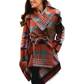 CHICWISH Women's Turn Down Shawl Collar Earth Tone Check Asymmetric Hemline Wool Blend Coat in Kuwait