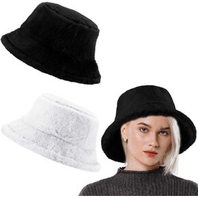 2 Pcs Winter Fur Bucket Hat for Women Faux Fur Bucket Hat Fluffy Warm Hat Unisex Fisherman Cap