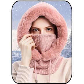 Formery Winter Fuzzy Hood Hat Pink One Piece Faux Fur Knitted Hooded Hats Scarf Thick Pullover Balaclava Cap Mask Set for Women