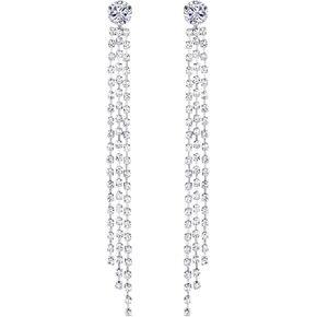 SELOVO Long 3 Chain Tassel Crystal Dangle Earring White Cubic Zirconia Bridal Jewelry
