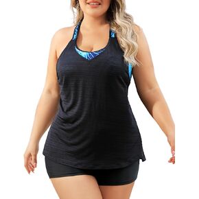 Angel season Plus Size Tankini Swim Tops for Women Black Swimsuits Top Only Double Layer Bathing Suits T-Back Leopard