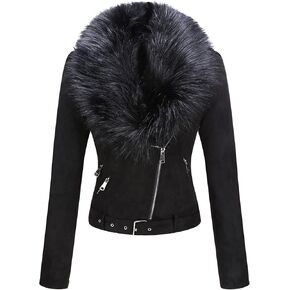 Bellivera Women Faux Leather Suede Jacket Moto Biker Coat Sherpa-Lined Overcoat with Removable Belt