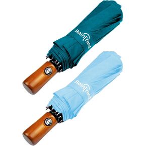 Raintrend 2 Pack Umbrellas for Rain Windproof Travel Teal and Sky Blue Umbrella - Large Double Canopy but Compact Folding Portable - Automatic Strong Wind Resistant Construction