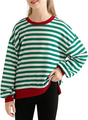 Girls Sweatshirt Kids Striped Long Sleeve Shirts Oversized Crewneck Pullover Tops Fall Clothes 5-14 Years in Saudi Arabia