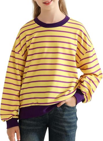 Girls Sweatshirt Kids Striped Long Sleeve Shirts Oversized Crewneck Pullover Tops Fall Clothes 5-14 Years in Saudi Arabia