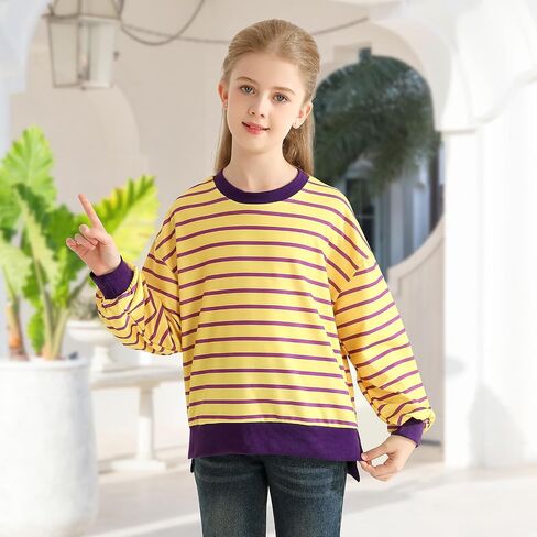 Girls Sweatshirt Kids Striped Long Sleeve Shirts Oversized Crewneck Pullover Tops Fall Clothes 5-14 Years in Saudi Arabia