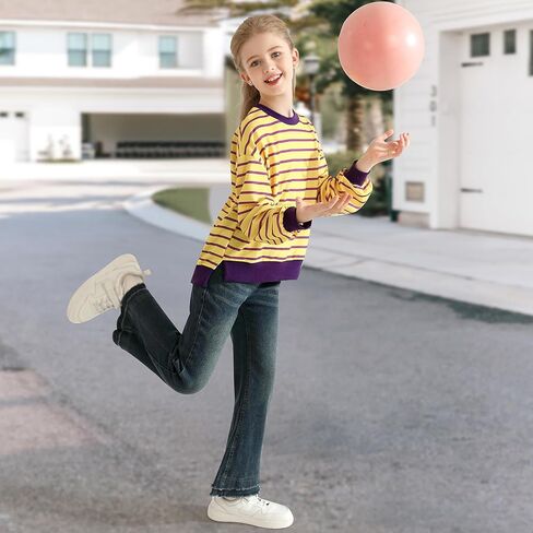 Girls Sweatshirt Kids Striped Long Sleeve Shirts Oversized Crewneck Pullover Tops Fall Clothes 5-14 Years in Saudi Arabia