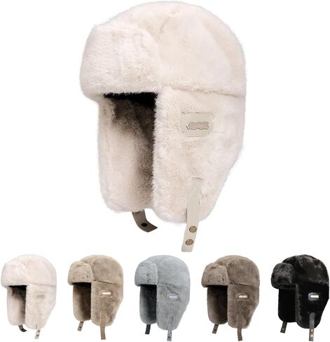 Piecees Fur Trapper Hat for Women Men Winter Hats with Ear Flaps Fuzzy Russian Ushanka Fluffy Snow Hat for Cold Weather Warm in Kuwait