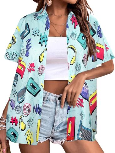 80s 90s Outfits for Women Retro Theme Party Button Up T-Shirt Neon Short Sleeve Blouse Tops in Kuwait