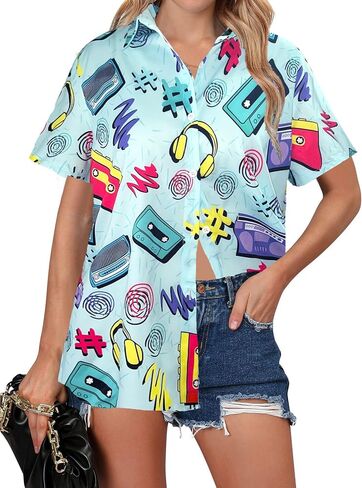 80s 90s Outfits for Women Retro Theme Party Button Up T-Shirt Neon Short Sleeve Blouse Tops in Kuwait