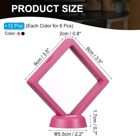 PATIKIL 3D Floating Frame Display Stand, 12 Pack 3.5x3.5 Inch Challenge Coin Display Stand Holder Transparent PE Jewelry Storage Box Floating Display Case with Base, Black&Pink in Saudi Arabia