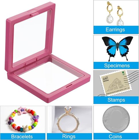 PATIKIL 3D Floating Frame Display Stand, 12 Pack 3.5x3.5 Inch Challenge Coin Display Stand Holder Transparent PE Jewelry Storage Box Floating Display Case with Base, Black&Pink in Saudi Arabia