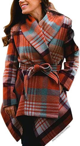 CHICWISH Women's Turn Down Shawl Collar Earth Tone Check Asymmetric Hemline Wool Blend Coat in Kuwait