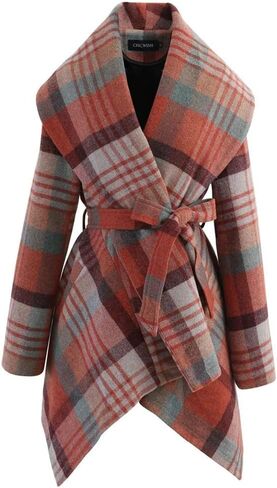 CHICWISH Women's Turn Down Shawl Collar Earth Tone Check Asymmetric Hemline Wool Blend Coat in Kuwait