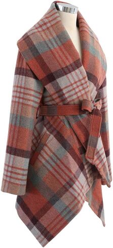 CHICWISH Women's Turn Down Shawl Collar Earth Tone Check Asymmetric Hemline Wool Blend Coat in Kuwait