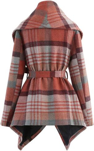 CHICWISH Women's Turn Down Shawl Collar Earth Tone Check Asymmetric Hemline Wool Blend Coat in Kuwait