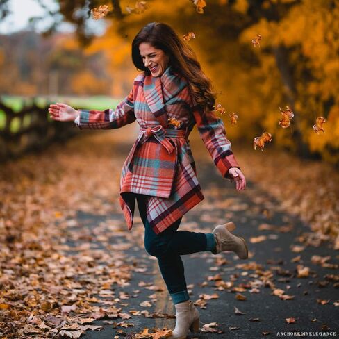 CHICWISH Women's Turn Down Shawl Collar Earth Tone Check Asymmetric Hemline Wool Blend Coat in Kuwait