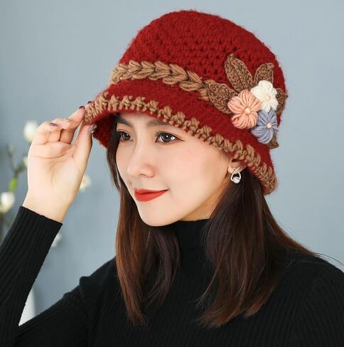 Flower Knit Crochet Fuzzy Bucket Hat Women Winter Warm Beanies Hat Furry Plush Faux Fur Fishing Skull Cap Fishman Hats in Saudi Arabia