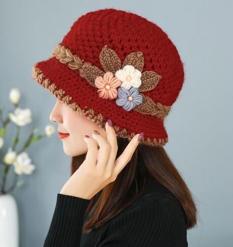 Flower Knit Crochet Fuzzy Bucket Hat Women Winter Warm Beanies Hat Furry Plush Faux Fur Fishing Skull Cap Fishman Hats in Saudi Arabia
