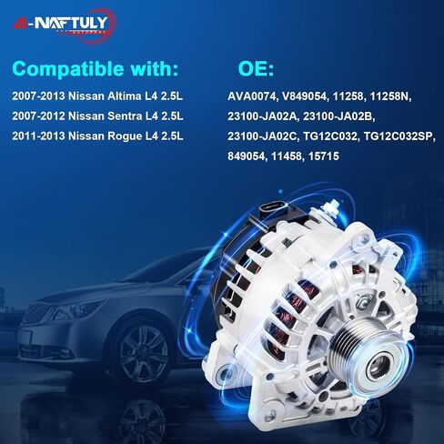 مولد كهربائي متوافق مع 2007-2013 Nissan Altima L4 2.5L، 2007-2012 Sentra، 2011-2013 Rogue، استبدال مولد كهربائي عالي الإخراج AVA0074، V849054، 11258، 11258N، 23100-JA02A، 23100-JA02B، 23100-JA02C in Saudi Arabia