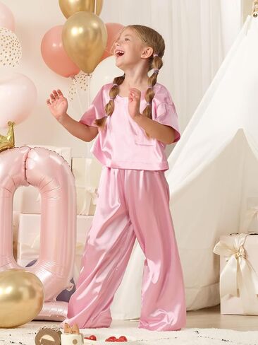 Petite&Me Silk Girls Pajamas Sets Short Sleeve with Long Pajama Pant Set Size 6-14 in Saudi Arabia