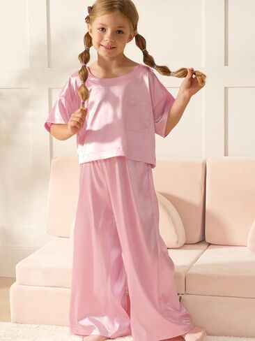 Petite&Me Silk Girls Pajamas Sets Short Sleeve with Long Pajama Pant Set Size 6-14 in Saudi Arabia