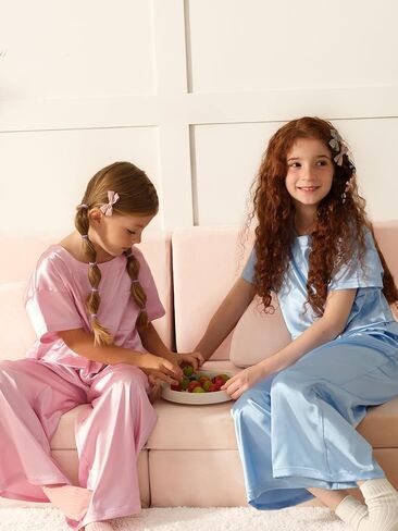 Petite&Me Silk Girls Pajamas Sets Short Sleeve with Long Pajama Pant Set Size 6-14 in Saudi Arabia