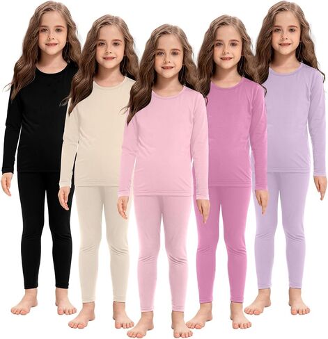 Silkfly 5 Set Thermal Underwear Soft Fleece Lined Long Underwear Kids Base Layer Top Bottom Warm Set for Winter Skiing in Saudi Arabia