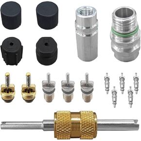 15PCS Car Air Conditioning Valve Core Kit, R12 R134A Teflon Seal Cap Valve Kit with Removal Tool for High Low-Pressure A/C Service Port, Car & HVAC AC Refrigerant Tool