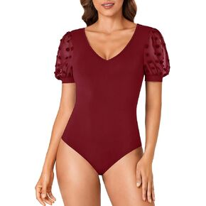 Vrtige Women's Bodysuit V Neck Swiss Dots Mesh Puff Sleeve Bodysuit Blouse Top Dressy Casual
