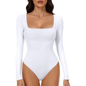 YOGINGO Long Sleeve Square Neck Bodysuits for Womens Going Out Body Suits Basic Leotards Jumpsuits Outfits Shirt Tops Halloween Fall Outfits Skims Dupe Tummy Contro White XXL