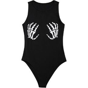 WDIRARA Women's Skeleton Print Tank Bodysuit Halloween Crew Neck Sleeveless Leotard Top