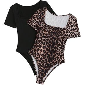 WDIRARA Women's 2 Pack Leopard Print Bodysuits Square Neck Short Sleeve Slim Fitted Top