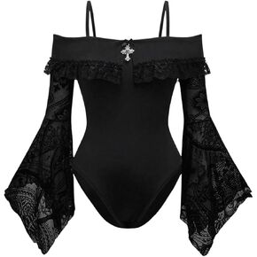 Floerns Women's Gothic Punk Lace Flare Long Sleeve Cold Shoulder T Shirts Bodysuit Tops