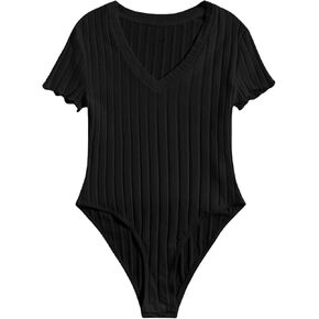 WDIRARA Women's V Neck Lettuce Trim Short Sleeve Bodysuit Ribbed Knit Fitted Top