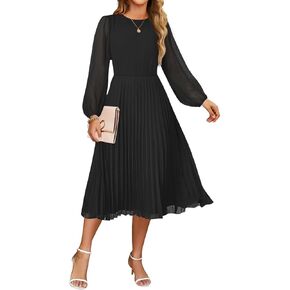 ZESICA Women's Fall Long Sleeve Dresses 2025 Casual Crewneck Chiffon Swing Pleated A Line Cocktail Party Midi Dress