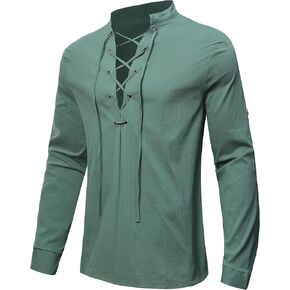 Men's Casual Cotton Linen Shirt Long Sleeve Lace Up Medieval Viking Pirate Shirts Band Collar Henley Shirt