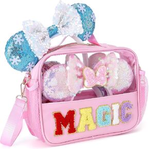 Mouse Ears Bag Ear Holder Chenille Letter Headband Holder with Shoulder Strap Park Essentials Travel Case for Girl Women Kids
