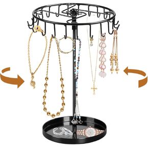 Necklace Holder, Rotating Jewelry Holder Black Metal Display Organizer Stand With 23 Hooks for Necklaces Rings Bracelet Keychain