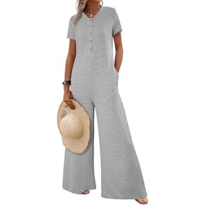BLENCOT Casual Striped Short Sleeve Jumpsuits Rib Knit Wide Leg Romper Comfy Button Down Rompers