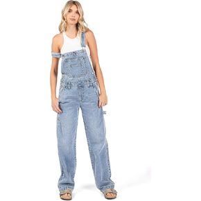 Womens Light Wash Denim Low Rise Straight Leg Overalls