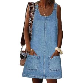Overall Dress for Women Denim Dress Denim Overall Round Neck Skirtall Jean Dress Denim Jumper Dress Pinafore