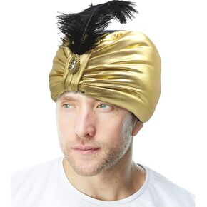 nezababycos Indian Turban Gold Sultan Hat Arabic Genie Head Wrap Wise Men Swami Pleated Feather Costume Cap for Men Women Fancy Dress (Golden)