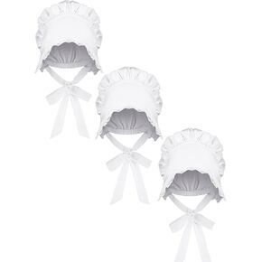 Newcotte 3 Pieces Women's Bonnet Colonial Hat Mob Bonnets White Bonnet Adult Handmaids Costume with Adjustable Straps (Medium)
