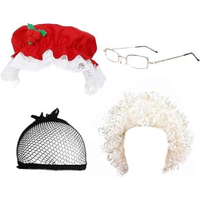 nezababycos 4 Pcs Christmas Mrs Claus Costume for Women Mrs Claus Hat Wig Santa Claus Glasses Old Lady Granny Cosplay Accessories for Xmas Party New Year (Red)