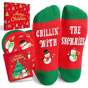 HAPPYPOP Christmas Gifts Stocking Socks for Women - Christmas Knee High Snowman Socks Xmas Stocking Stuffers for Men Teens, Red and Green Socks with Greeting Card