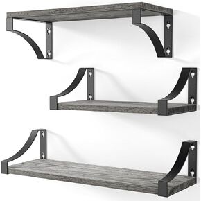 Amada HOMEFURNISHING Wall Shelves Set of 3, Floating Shelves Hold up to 55lbs, Rustic Wood Wall Shelves for Bedroom, Bathroom, Living Room, Kitchen, Storage & Decoration, Gray