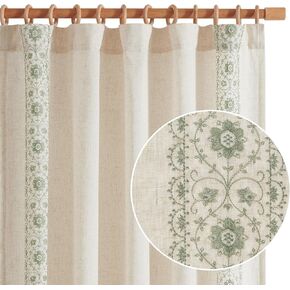jinchan Boho Curtains for Bedroom Sage Green Vintage Floral Farmhouse Curtains 84 Inches Long Linen Blend Curtains for Living Room Embroidered Drapes Light Filtering Rod Pocket Sage on Beige 2 Panels